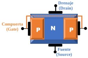 Los transistores FET tienen una estructura (dopada para generar un semiconductor P o N) llamada “canal”, junto con dos capas polarizadas de forma contraria al canal e interconectadas entre sí. En la parte superior del canal está conectado el drenaje o drenador (D); en la parte inferior del canal está conectado el terminal llamado “fuente o surtidor” (S). Los dos materiales contarios al canal están interconectados formando el tercer terminal llamado “compuerta” (G), De esta forma tendremos transistores con canal N o con Canal P.