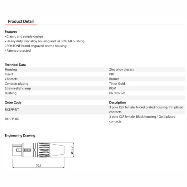 1-1-256B CONECTOR CANON XLR HEMBRA ROXTONE Referencia: RX3FP-NT