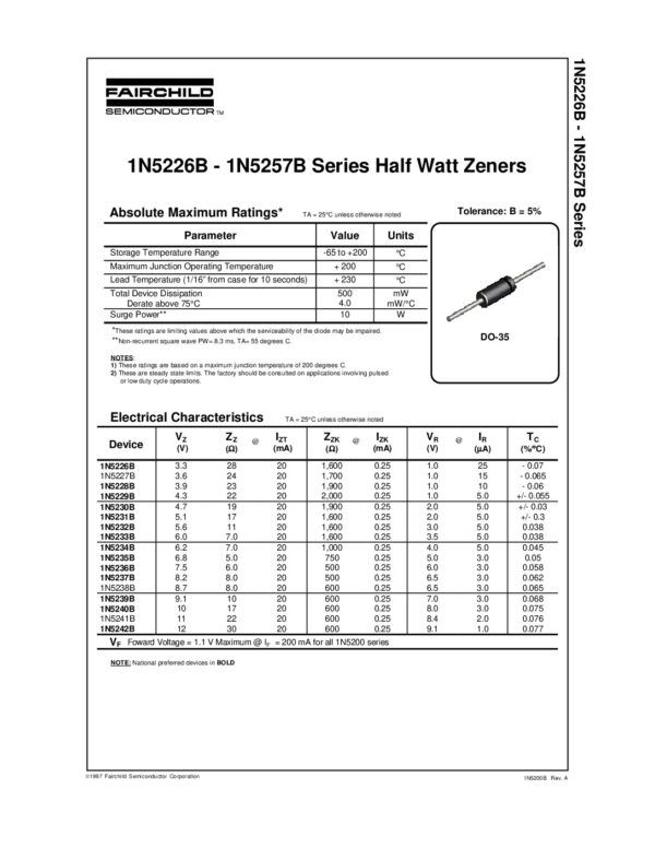 Nombre: DIODO ZENER 13V 0.5W 5%Referencia: 1N5243BMarca: FAIRCHILD SEMICONDUCTOREmpaque: DO-35Precio por: Unidad