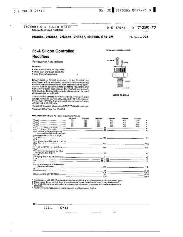 Nombre: THYRISTOR 35-A SILICON CONTROLLED RECTIFIERTIRISTOR RECTIFICADOR CONTROLADO POR SILICIO DE 35 A.Referencia: 2N3658Polaridad: Ánodo al tornilloMarca: RCAEmpaque: TO-28AAPrecio por: Unidad