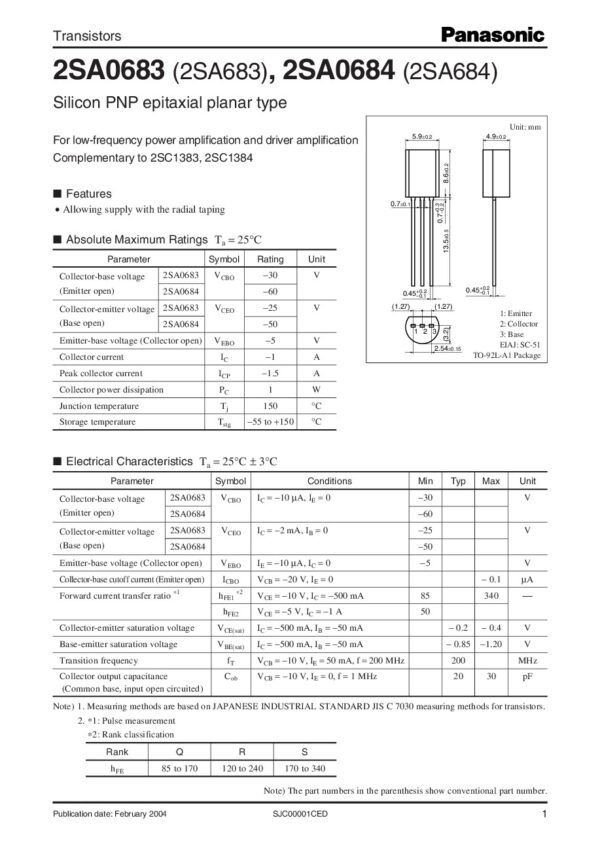2SA0683 (2SA683) 2SA0684 (2SA684) Nombre: TRANSISTOR PNP EPITAXIAL PLANARReferencia: 2SA684 (2SA0684) Polaridad del transistor: PNP Configuración: Single Corriente CC máxima de colector: -1A. Pico: (-1.5A) Máx. voltaje VCEO colector-emisor: -50V Tensión VCBO colector-base: -60V Voltaje VEBO emisor-base: -5V Voltaje de saturación colector-emisor: -0.2V Dp - Disipación de potencia: 1W Producto para ganar Ancho de banda fT: 200 MHz Temperatura de trabajo: desde 0°C hasta 150°C Marca: MATSUSHITA (Ahora parte de Panasonic)Empaque: TO-92Precio por: Unidad