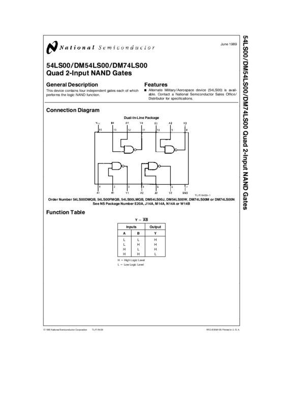 54LS00 DM54LS00 DM74LS00 Nombre: IC QUAD 2 INPUT POSITIVE NAND GATES 0 TO 70Referencia: DM74LS00NMarca: NATIONAL SEMICONDUCTOREmpaque: 14-PDIPPrecio por: Unidad