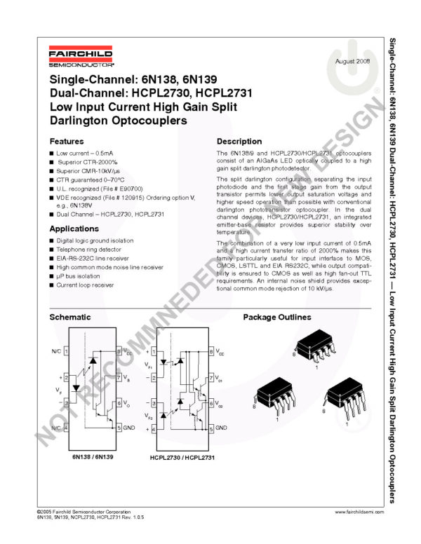 6N139_Fairchild Nombre: OPTOACOPLADOR FOTODIODO 100KBD 8-PINReferencia: 6N139Marca: FAIRCHILD SEMICONDUCTOREmpaque: DIP-8Precio por: Unidad