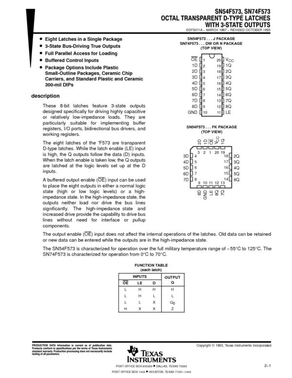 Nombre: IC OCTAL TRANSPARENT D TYPE LATCHES CON 3 STATE OUTPUTSLatches tipo D transparentes octales con salidas de 3 estadosReferencia: 74F573DW Número de canales: 8 Tensión de alimentación (mín.) (V): 4,5 Tensión de alimentación (máx.) (V): 5,5 Tipo de entrada: Bipolar Tipo de salida: 3 estados Frecuencia de reloj (máx.) (MHz): 70 IOL (máx.) (mA): 24 IOH (máx.) (mA): -3 Corriente de alimentación (máx.) (µA): 55000 Características: Distribución de pines de flujo continuo, Muy alta velocidad (tpd 5-10 ns) Rango de temperatura de funcionamiento (°C): 0 a 70 Marca: TEXAS INSTRUMENTSEmpaque: SOIC-20Precio por: Unidad