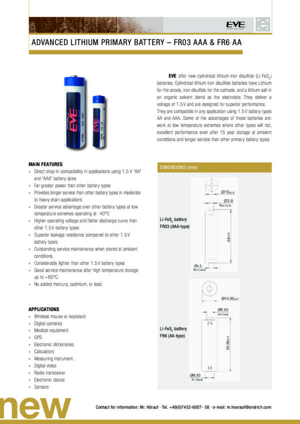 BATERIA LITIO EVE - FR03 AAA FR6 AA Nombre: BATERIA LITIO AA 1.5VReferencia: AA GP15G-2S2Marca: EVE ENERGYEmpaque: FR6Precio por: Unidad