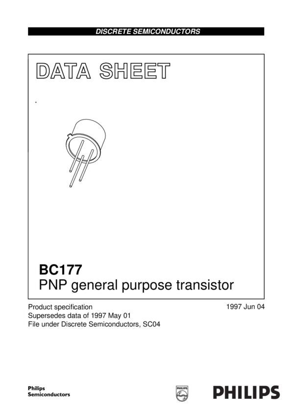 BC177 BC177A Nombre: TRANSISTOR PNP SILICONReferencia: BC177A Polaridad del transistor: PNP Configuración: Single Corriente CC máxima de colector: -200mA Máx. voltaje VCEO colector-emisor: -45V Tensión VCBO colector-base: -50V Voltaje VEBO emisor-base: -5V Voltaje de saturación colector-emisor: 85 mV Dp - Disipación de potencia: 0.3W Producto para ganar Ancho de banda fT: 100 MHz Temperatura de trabajo: desde -65°C hasta 150°C Marca: PHILIPSEmpaque: TO-18Precio por: Unidad