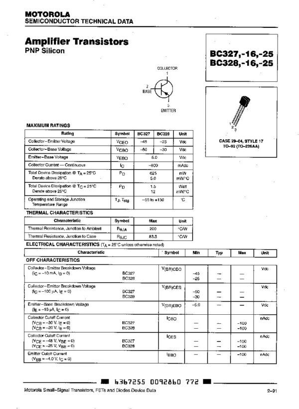 Nombre: TRANSISTOR PNP SILICON AF HIGH CURRENT GAIN Referencia: BC327-25 Polaridad de transistor: PNP Configuración: single Disipación total del dispositivo (Pc): 0.5 W Voltaje colector-base (Vcb): 50 V Voltaje colector-emisor (Vce): 45 V Voltaje emisor-base (Veb): 5 V Corriente del colector DC máxima (Ic): 0.8 A Temperatura operativa máxima (Tj): 150 °C Ganancia de corriente continua (hfe): 160 Marca: MOTOROLA Empaque: TO-32 Precio por: Unidad