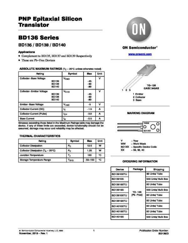 BD140 BD138 BD136 SERIES Nombre: TRANSISTOR PNP EPITAXIAL SILICONComplemento del BD137Referencia: BD138 Polaridad del transistor: PNP Configuración: Single Corriente CC máxima de colector: 1A Máx. voltaje VCEO colector-emisor: 60V Tensión VCBO colector-base: 60V Voltaje VEBO emisor-base: 5V Voltaje de saturación colector-emisor: 500mV Dp - Disipación de potencia: 1.25W Ganancia de corriente continua (hFE): de 40 a 160. Temperatura de trabajo: desde 0°C hasta 150°C Marca: ASIEmpaque: TO-126Precio por: Unidad