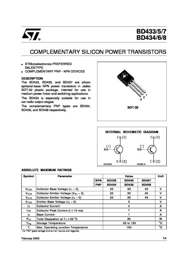 Nombre: TRANSISTOR PNP EPITAXIAL SILICONReferencia: BD434 Polaridad del transistor: PNP Configuración: Single Corriente CC máxima de colector: 4A Máx. voltaje VCEO colector-emisor: 22V Tensión VCBO colector-base: 22V Voltaje VEBO emisor-base: 5V Voltaje de saturación colector-emisor: 200mV Dp - Disipación de potencia: 36W Producto para ganar Ancho de banda fT: 3 MHz Temperatura de trabajo: desde 0°C hasta 150°C Marca: STMICROELECTRONICSEmpaque: TO-126Precio por: Unidad
