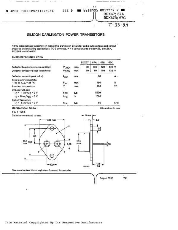 BDX67C BDX67B BDX67A Nombre: TRANSISTOR DARLINGTON NPN EPITAXIAL BASE POWERReferencia: BDX67C Polaridad del transistor: NPN Configuración: Darlington Corriente CC máxima de colector: 20 A Máx. voltaje VCEO colector-emisor: 120 V Tensión VCBO colector-base: 140 V Voltaje VEBO emisor-base: 5V Dp - Disipación de potencia: 150 W Temperatura de trabajo: desde 0°C hasta 200°C Marca: ASI/PHILIPSEmpaque: TO-3Precio por: Unidad