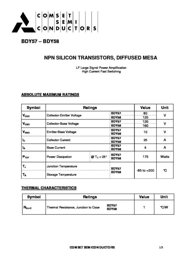 BDY58R Nombre: TRANSISTOR NPN SILICON DIFFUSED MESATRANSISTOR NPN DE SILICIO (TECNOLOGÍA MESA)Referencia: BDY58R Polaridad del transistor: NPN Configuración: Single Corriente CC máxima de colector: 25A Máx. voltaje VCEO colector-emisor: 125V Tensión VCBO colector-base: 160V Voltaje VEBO emisor-base: 10V Voltaje de saturación colector-emisor: 0.5V Dp - Disipación de potencia: 175W Producto para ganar Ancho de banda fT: 30 MHz Temperatura de trabajo: desde -65°C hasta 200°C Marca: ASIEmpaque: TO-3Precio por: Unidad
