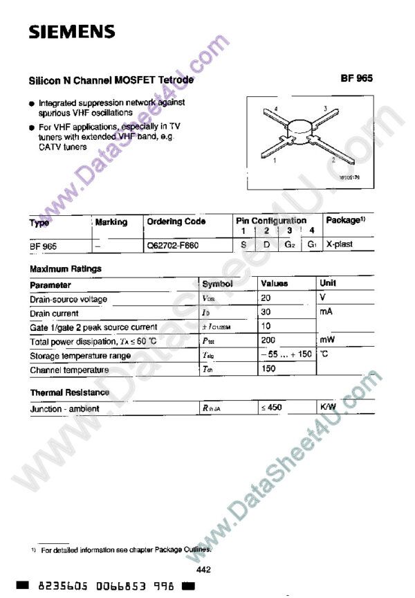 BF965 (Siemens) Nombre: MOSFET N-CH DUAL GATE FIELD EFFECT TETRODE DEPLETION MODETetrodo de efecto de campo MOS de doble puerta de canal N, modo de agotamientoReferencia: BF965 Tipo de transistor: MOSFET Tipo de canal de control: canal N Disipación máxima de potencia: 0,2 W Voltaje máximo drenaje-fuente |Vds|: 20 V Voltaje máximo puerta-fuente |Vgs|: 8,5 V Corriente máxima de drenaje |Id|: 0,03 A Temperatura máxima de unión Tj: 150 °C Capacitancia de salida: 1 pF Resistencia máxima en estado activo de la fuente de drenaje Rds: 200 ohmios Marca: VISHAY SEMICONDUCTORSEmpaque: SOT-13Precio por: Unidad