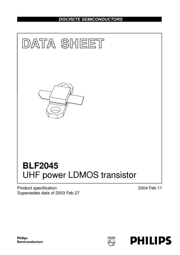 BLF2045 Nombre: TRANSISTOR RF UHF POWER LDMOS Transistores de potencia de óxido metálico semiconductor de difusión lateral. Referencia: BLF2045 Rendimiento típico de 2 tonos con una tensión de alimentación de 26 V y una corriente IDQ de 500 mA: Potencia de salida = 30 W (PEP) Ganancia = 12,5 dB Eficiencia = 32 % Atenuación = -26 dBc. Marca: AMPLEON Empaque: SOT467C Precio por: Unidad