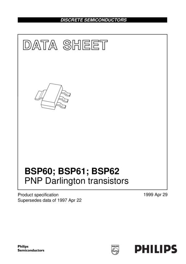 BSP60 BSP61 BSP62 (NXP) Nombre: TRANSISTOR PNP SILICON DARLINGTON HIGH COLLECTOR.Transistor PNP Darlington en un paquete de plástico SOT223. Complemento BSP de NPN: BSP52.Referencia: BSP62 Polaridad de transistor: PNP Configuración: Darlington Disipación total del dispositivo (Pc): 1.25 W Voltaje colector-base (Vcbo): 90 V Voltaje colector-emisor (Vce): 80 V Voltaje emisor-base (Vebo): 5 V Corriente del colector DC máxima (Ic): 0.5 A Temperatura operativa máxima (Tj): 150 °C Transición de frecuencia (ft): 200 MHz Ganancia de corriente continua (hfe): 1000 Marca: NXP SEMICONDUCTORSEmpaque: SOT-223Precio por: Unidad