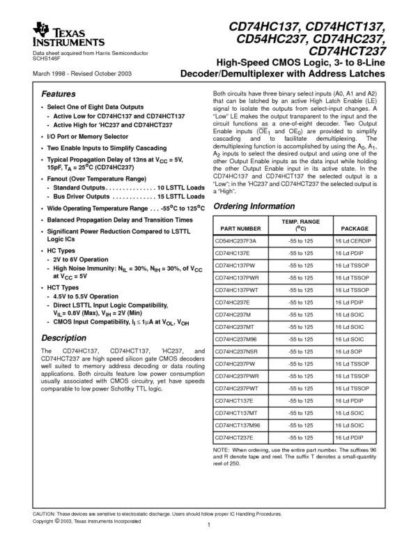 Nombre: IC HIGH SPEED CMOS LOGIC 3 TO 8 LINE DECODER DEMULTIPLEXERReferencia: CD74HC137PWMarca: TEXAS INSTRUMENTSEmpaque: 16TSSOPPrecio por: Unidad