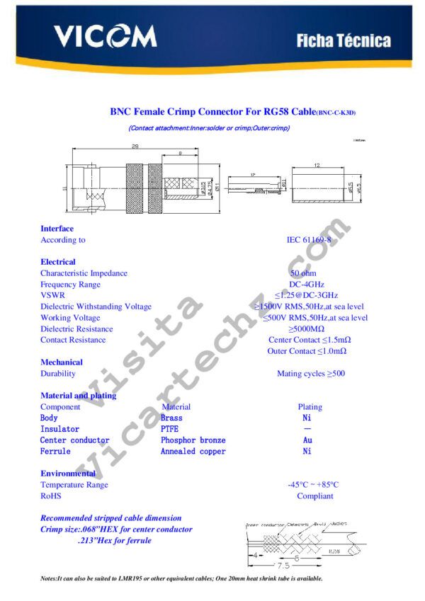 CONECTOR BNC HEMBRA PARA CABLE RG58 Crimp Nombre: CONECTOR BNC HEMBRA PARA CABLE RG58 CRIMPReferencia: BNCH-CR-RG58 Tipo: BNC (recto) Género: Hembra (Female jack) Impedancia: 50 ohm Marca: VICOMEmpaque: 4 cmPrecio por: Unidad