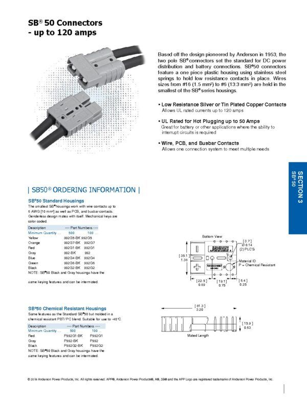Nombre: CONECTOR SB50 NEGRO 600V 2 POSICIONES Referencia: 992G2-BK Serie: SB50 Color: Negro Voltaje: 600V Amperaje: entre 50 a 100A (Dependiendo el pin) Cable: de 6AWG a 16AWG (Dependiendo el pin) Pines: 2 (No incluidos) Marca: ANDERSON Empaque: 5 cm Precio por: Unidad NO INCLUYE PINES