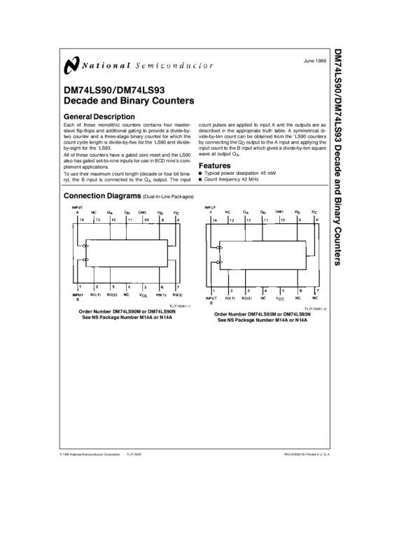DM74LS90 DM74LS93 Nombre: IC DECADE AND BINARY COUNTERSReferencia: DM74LS90NMarca: NATIONAL SEMICONDUCTOREmpaque: DIP-14Precio por: Unidad