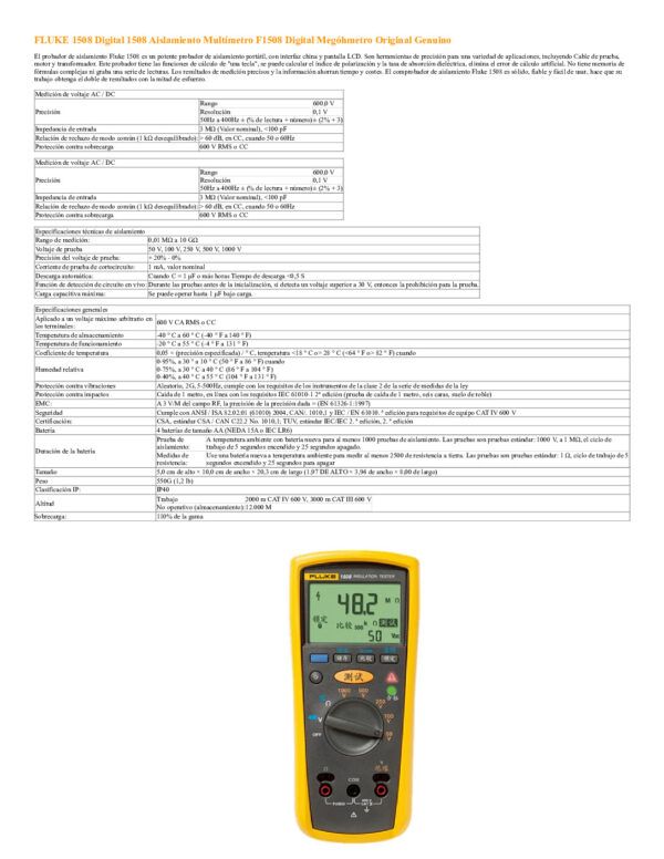 Especificaciones FLUKE-multímetro Digital 1508 de aislamiento Nombre: MULTIMETRO DIGITAL COMPROBADOR DE AISLAMIENTO Referencia: 1508 Marca: FLUKE Rango de voltaje (AC/DC): 0.1 V a 600.0 V Especificaciones técnicas de aislamiento Rango de resistencia: 0.01 MΩ a 10 GΩ. Voltaje de prueba: 50 V, 100 V, 250 V, 500 V, 1000 V Precisión del voltaje de prueba: + 20% - 0% Corriente de prueba de cortocircuito: 1 mA, valor nominal Descarga automática: Cuando C = 1 μF o más horas Tiempo de descarga <0,5 S Función de detección de circuito en vivo: Durante las pruebas antes de la inicialización, si detecta un voltaje superior a 30 V, entonces la prohibición para la prueba. Carga capacitiva máxima: Se puede operar hasta 1 μF bajo carga. Pantalla: Sólo digital Interfaz: Chino Accesorios: Cables de prueba (rojo y negro), sonda. Dimensiones: 5.0 x 10.0 x 20.3cm Empaque: UNIDAD EAN: 0095969288682 Precio por: Unidad Manual de usuario: Fluke 1508 Especificaciones: 1508