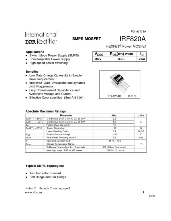 IRF820A Nombre: MOSFET N-CH 500V 50W 2.5AReferencia: IRF820A Tipo de FET: MOSFET Polaridad de transistor: N Pd - Máxima disipación de potencia: 50 W |Vds| - Voltaje máximo drenador - fuente: 500 V |Vgs| - Voltaje máximo fuente - puerta: 30 V |Id| - Corriente continua de drenaje: 2.5 A Tj - Temperatura máxima de unión: 150 °C Rds(on) - Resistencia estado encendido drenaje a fuente: 3Ohm Marca: IREmpaque: TO-220Precio por: Unidad