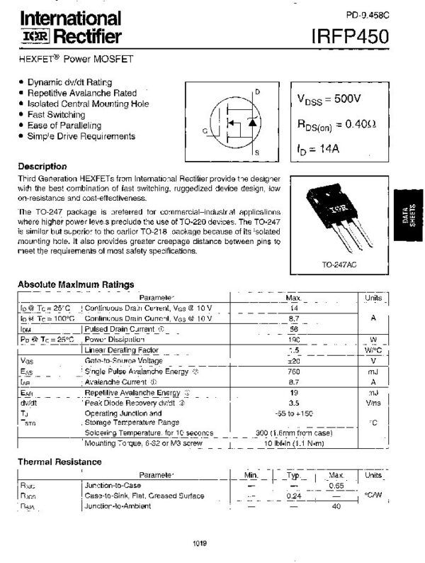 IRFP450 Nombre: MOSFET N-CH 500V 190W 14AReferencia: IRFP450 Tipo de FET: MOSFET Polaridad de transistor: N Pd - Máxima disipación de potencia: 190 W |Vds| - Voltaje máximo drenador - fuente: 500 V |Vgs| - Voltaje máximo fuente - puerta: 20 V |Id| - Corriente continua de drenaje: 14 A Tj - Temperatura máxima de unión: 150 °C Rds(on) - Resistencia estado encendido drenaje a fuente: 0.40 Ohm Marca: IREmpaque: TO-247-3Precio por: Unidad
