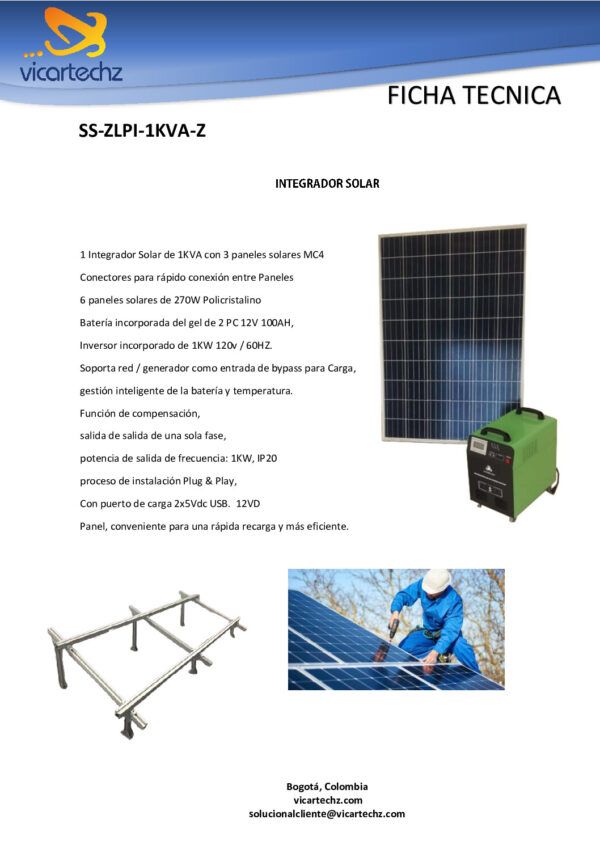 Kit-Panel-solar-SS-ZLPI-1KVA-Z- Nombre: KIT PANEL SOLAR 1KVAReferencia: SS-ZLPI-1KVA-Z 3 paneles solares de: 270W Policristalino Estructura en aluminio Batería incorporada de: gel de 2 PC 12V 100AH, Inversor incorporado de: 1KW 120v / 60HZ Marca: ZOOMLANDEmpaque: CAJAPrecio por: Kit