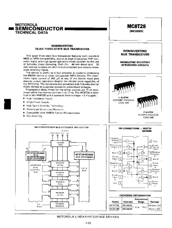 MC6889P MC8T28 Nombre: IC NONINVERTING BUS TRANSCEIVER MONOLITHIC SCHOTTKY INTEGRATED CIRCUITS.CIRCUITO INTEGRADO SCHOTTKY MONOLÍTICO TRANSCEPTOR DE BUS NO INVERSOR.Referencia: MC6889PMarca: MOTOROLAEmpaque: DIP-16Precio por: Unidad