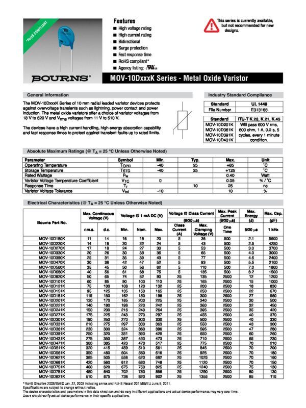Nombre: VARISTOR 680VAC MOV 150PF 10%Referencia: MOV-10D681K Voltaje: 420 rms Voltaje nominal: 680VDC Voltaje máx: 748VDC I (8/20 μs): 25A Máx. energía (8/20 μs): 70J Capacitancia (1Mhz): 150pF Marca: BOURNSEmpaque: RADIAL (disco 10mm)Precio por: Unidad