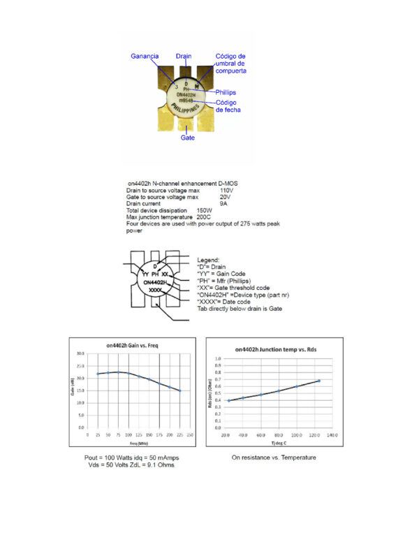 Nombre: MOSFET RF GAIN 5Referencia: ON4402H-5G Voltajes Máx: Vgate-source:20V. Vdrain-source:110V Corriente drain: 9A Ganancia: 5 Marca: PHILIPSEmpaque: .28 4L STUDPrecio por: Unidad