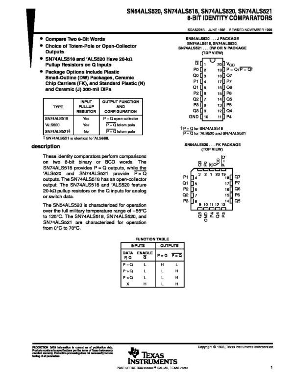 Nombre: IC 8-BIT IDENTITY COMPARATORSReferencia: SN74ALS520NMarca: TEXAS INSTRUMENTSEmpaque: DIP-20Precio por: Unidad