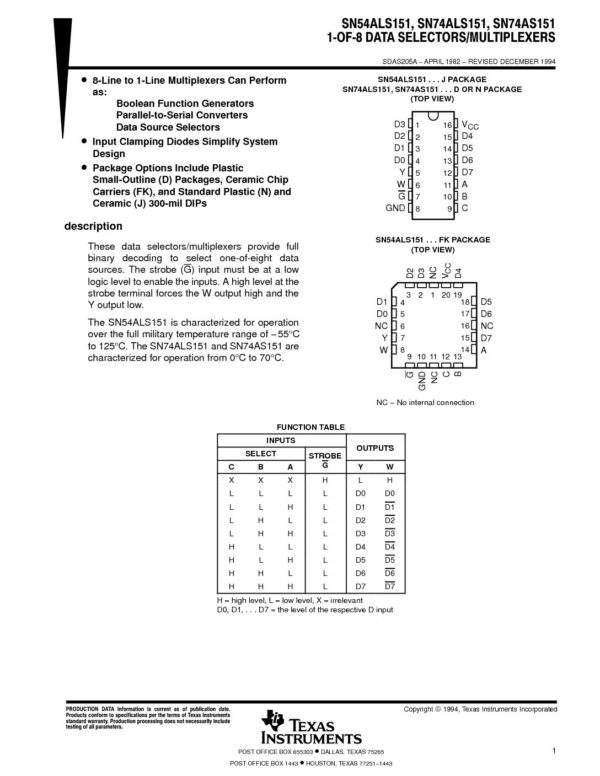 SN74ALS151D SNS4ALS151 Nombre: DECODIFICADOR/DEMULTIPLEXOR DE 8 A 1 LÍNEASReferencia: 74ALS151DMarca: TEXAS INSTRUMENTSEmpaque: SOP-16Precio por: Unidad
