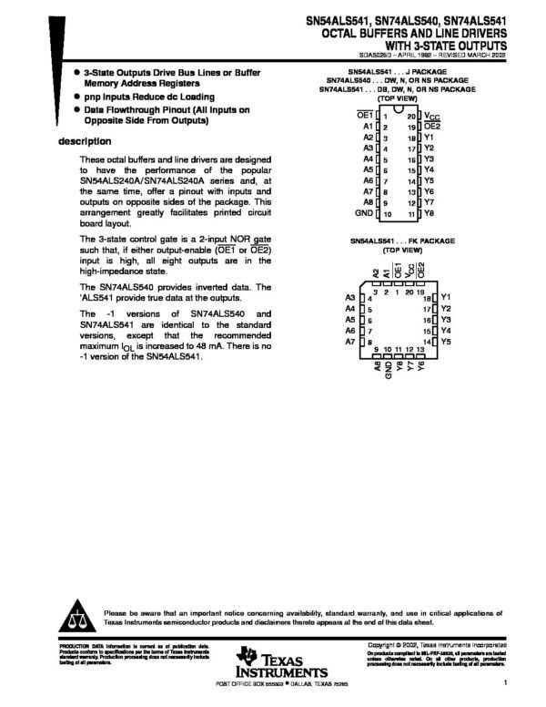 Nombre: IC OCTAL BUFFER AND LINE DRIVER CON 3 STATE OUTBúfer y controlador de línea de 3 estados. OctalReferencia: SN74ALS541NMarca: TEXAS INSTRUMENTSEmpaque: DIP-20Precio por: Unidad
