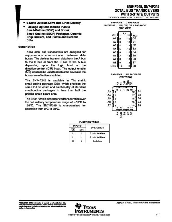 SN74F245N SN54F245 SN74F245 Nombre: IC OCTAL BUS TRANSCEIVERS CON 3 STATE OUTPUTSTransceptor de bus octales en empaque PDIP con 20 pinesReferencia: SN74F245NMarca: TEXAS INSTRUMENTSEmpaque: PDIP-20Precio por: Unidad