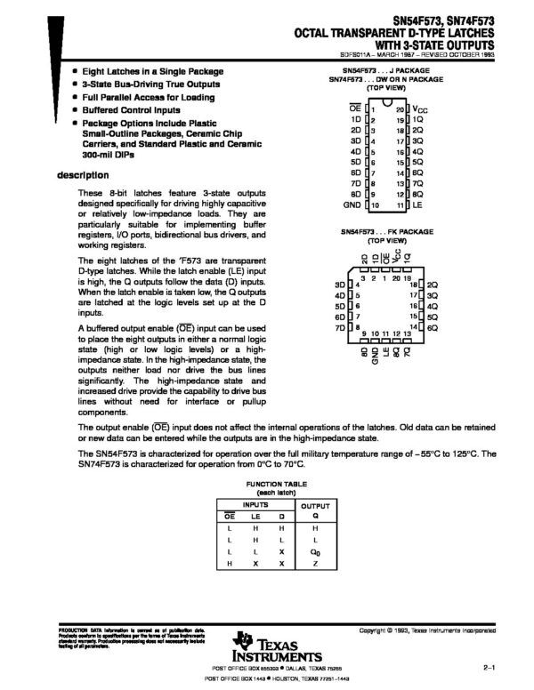 Nombre: IC OCTAL TRANSPARENT D TYPE LATCHES WITH 3 STATEBloqueo octal transparentes tipo D con salidas de 3 estados.Referencia: SN74F573NMarca: TEXAS INSTRUMENTSEmpaque: DIP-20Precio por: Unidad