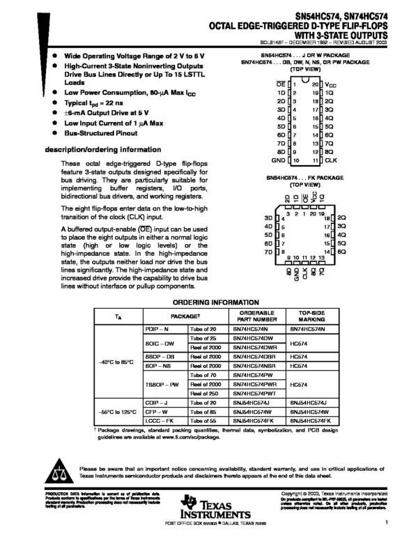 Nombre: IC OCTAL EDGE-TRIGGERED D-TYPE FLIP-FLOPS WITH 3-STATE OUTPUTSFLIP-FLOPS TIPO D CON DISPARO POR BORDE OCTAL Y SALIDAS DE 3 ESTADOSReferencia: SN74HC574N Amplio rango de voltaje operativo de 2 V a 6 V Salidas no inversoras de 3 estados y alta corriente que controlan líneas de bus directamente o hasta 15 cargas LSTTL Bajo consumo de energía, 80 µA máx. ICC Tpd típico = 22 ns Control de salida de ±6 mA a 5 V Corriente de entrada baja de 1 µA máx. Disposición de pines estructurada por bus Marca: TEXAS INSTRUMENTSEmpaque: 20-PDIPPrecio por: Unidad
