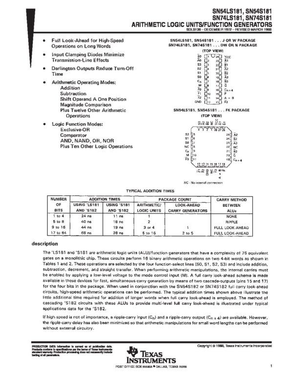 Nombre: IC 4-BIT ARITHMETIC LOGIC UNITReferencia: SN74LS181NMarca: TEXAS INSTRUMENTSEmpaque: DIP-24Precio por: Unidad