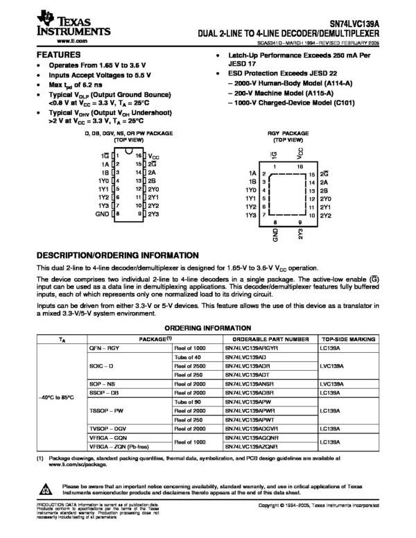 Nombre: IC DUAL 2 LINE TO 4 LINE DECODER/DEMULTIPLEXERReferencia: 74LVC139ADMarca: TEXAS INSTRUMENTSEmpaque: SOIC-16Precio por: Unidad