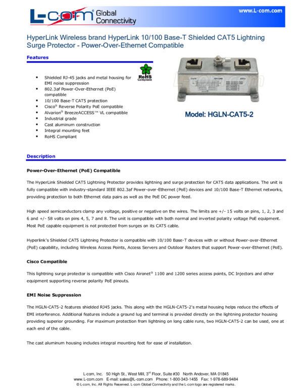 Supresor_HGLN-CAT5-2 Nombre: SUPRESOR DE PICOS DE VOLTAJE POE PROTECTORReferencia: HGLN-CAT5-2Marca: L-COMEmpaque: MODULOPrecio por: Unidad