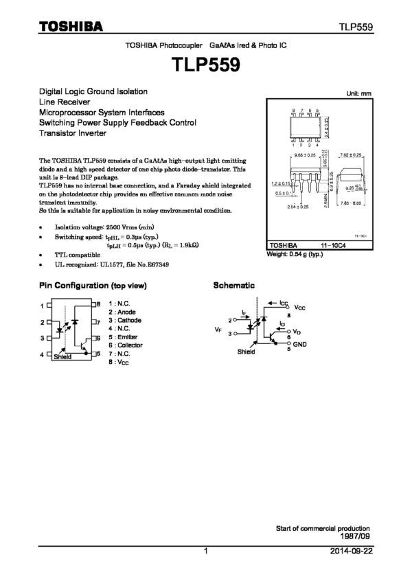 TLP559(F) Nombre: IC OPTOAISLADOR 2500VRMS 1 CHReferencia: TLP559(F)Marca: TOSHIBAEmpaque: DIP-8Precio por: Unidad