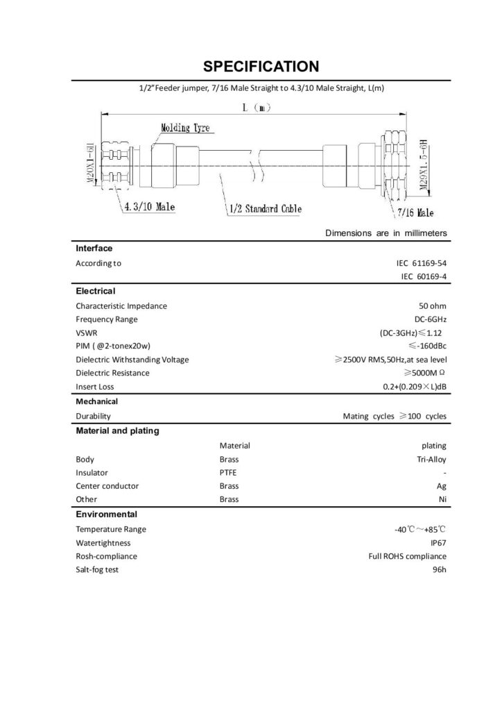 Biblioteca Nikola Tesla thumbnail of PATCH CORD 1-2”Feeder jumper, 7-16 Male Straight to 4.3-10 Male Straight, L(m)